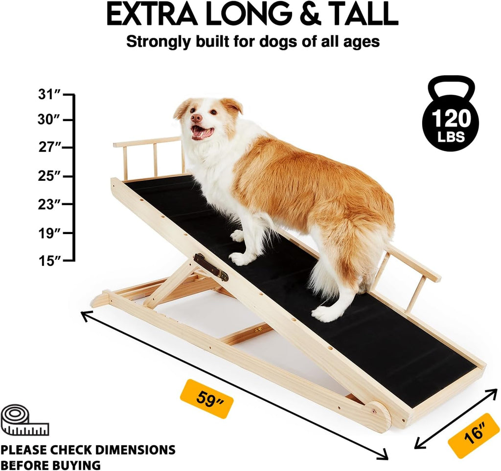 Folding Wooden Dog Ramp for Bed, Non-Slip Surface, Adjustable up to 30 Inch V7286