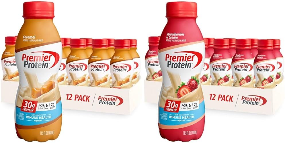 Premier Protein Shake Caramel & Strawberries Flavors, 30g Protein, 1g Sugar, 24 Vitamins & Minerals, 11.5oz Bottle (12 Pack)