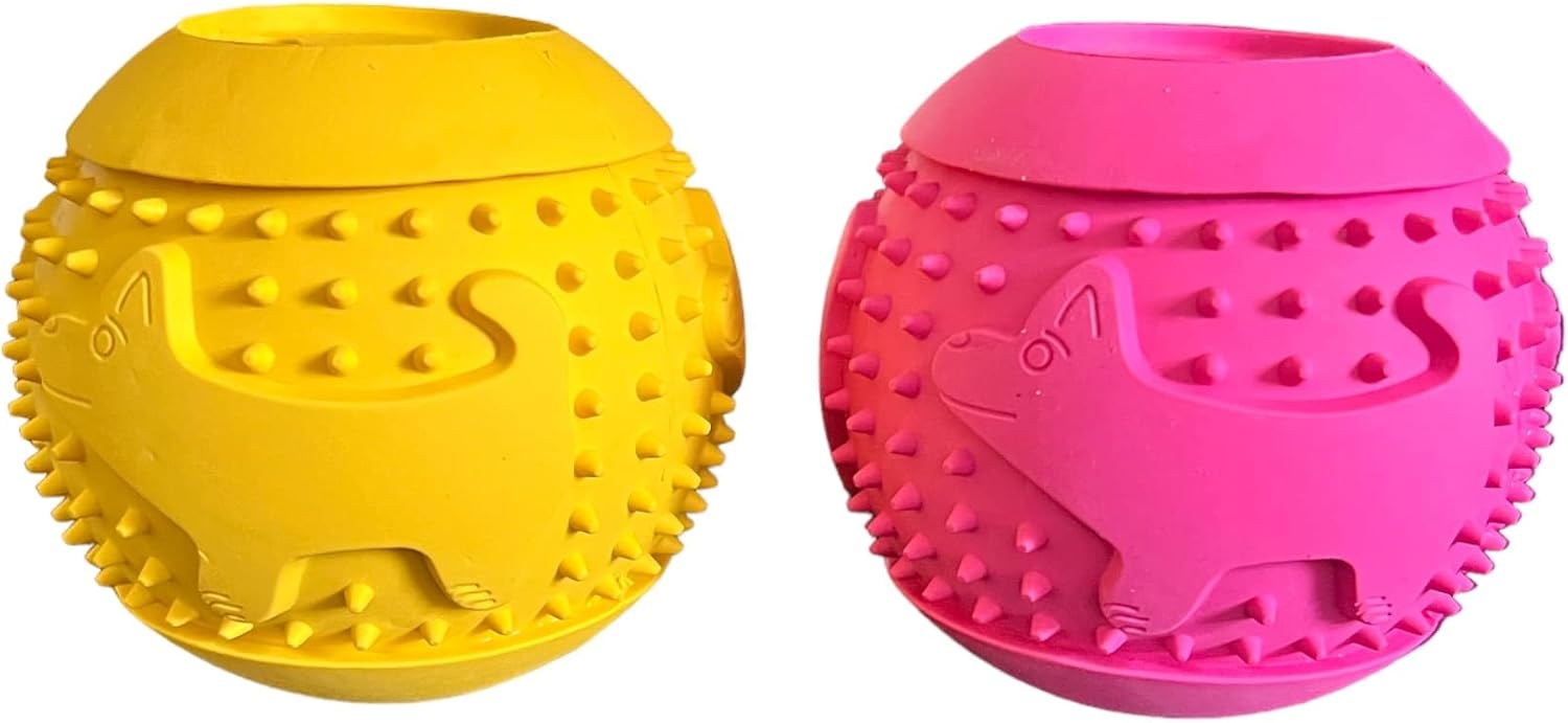 ‌Feed N' Fetch Interactive Treat Ball - Dog Feeder Ball, Teeth Cleaner - 2 Pack Multipurpose Dog Treat Dispenser Toy - Food Puzzle Ball for All Dog Breeds & Sizes - Natural Rubber Play Fetch Ball