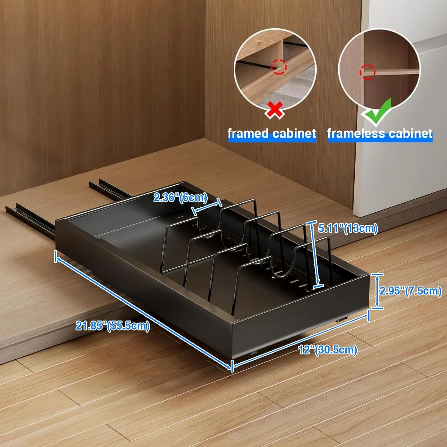 Pull Out Cabinet Organizer with 8 Dividers, 21.8" Deep, Black C252300