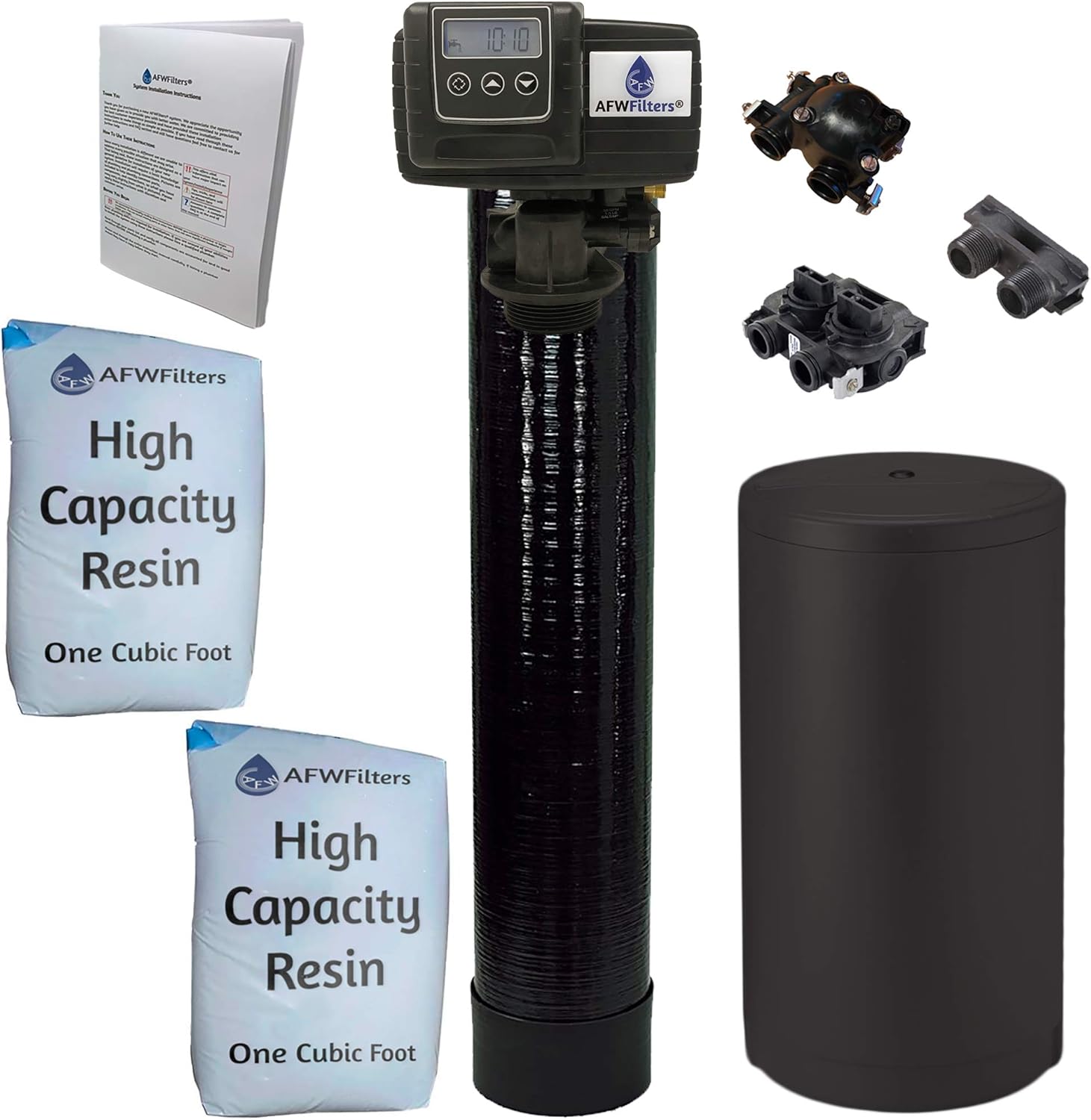 AFWFilters Whole House Water Softener System - Fleck 5600sxt Digital Meter Grain - includes bypass valve & brine tank with safety float (64k 1 Inch Bypass, Black High Capacity Resin)