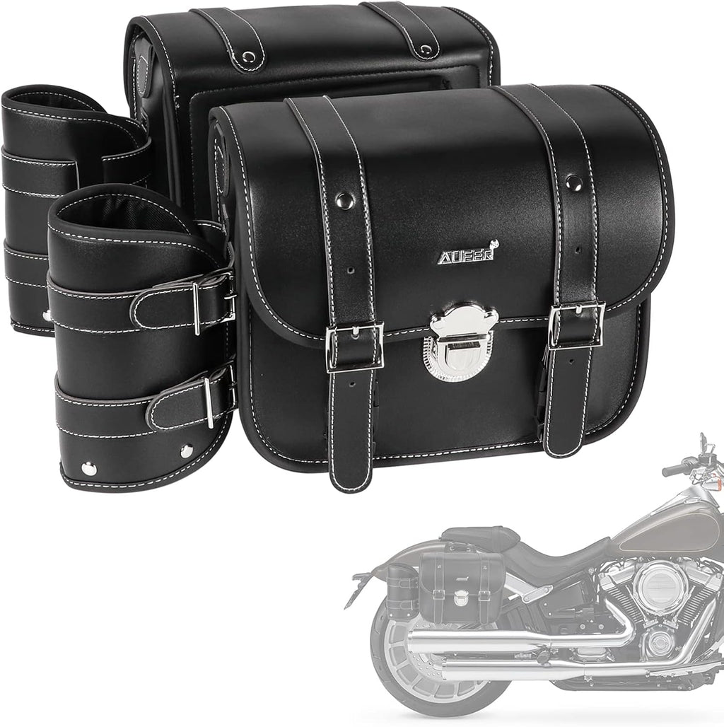 Motorcycle Throw Over Saddlebags Panniers Side Bags Lockable Synthetic Leather Saddle Bag With Water Bottle Holder Compatible With For Dyna Sportster Softail Road King,2 Pack Black