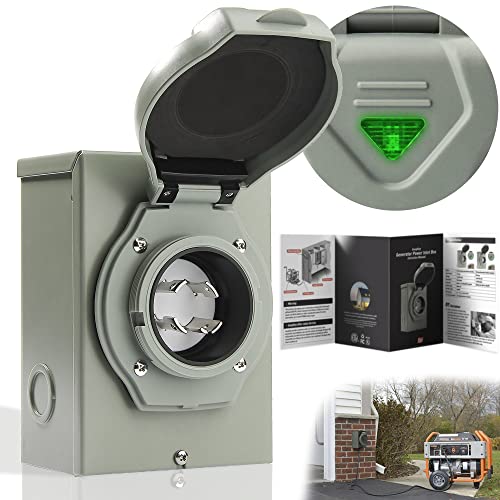 30 Amp Generator Inlet Box [Pre-Drilled] with Green Safely Light, PB30 Power Inlet Box, 7500 Watts Generator Transfer Switch Accessories for Emergency in Snowstorm Weather, ETL Listed