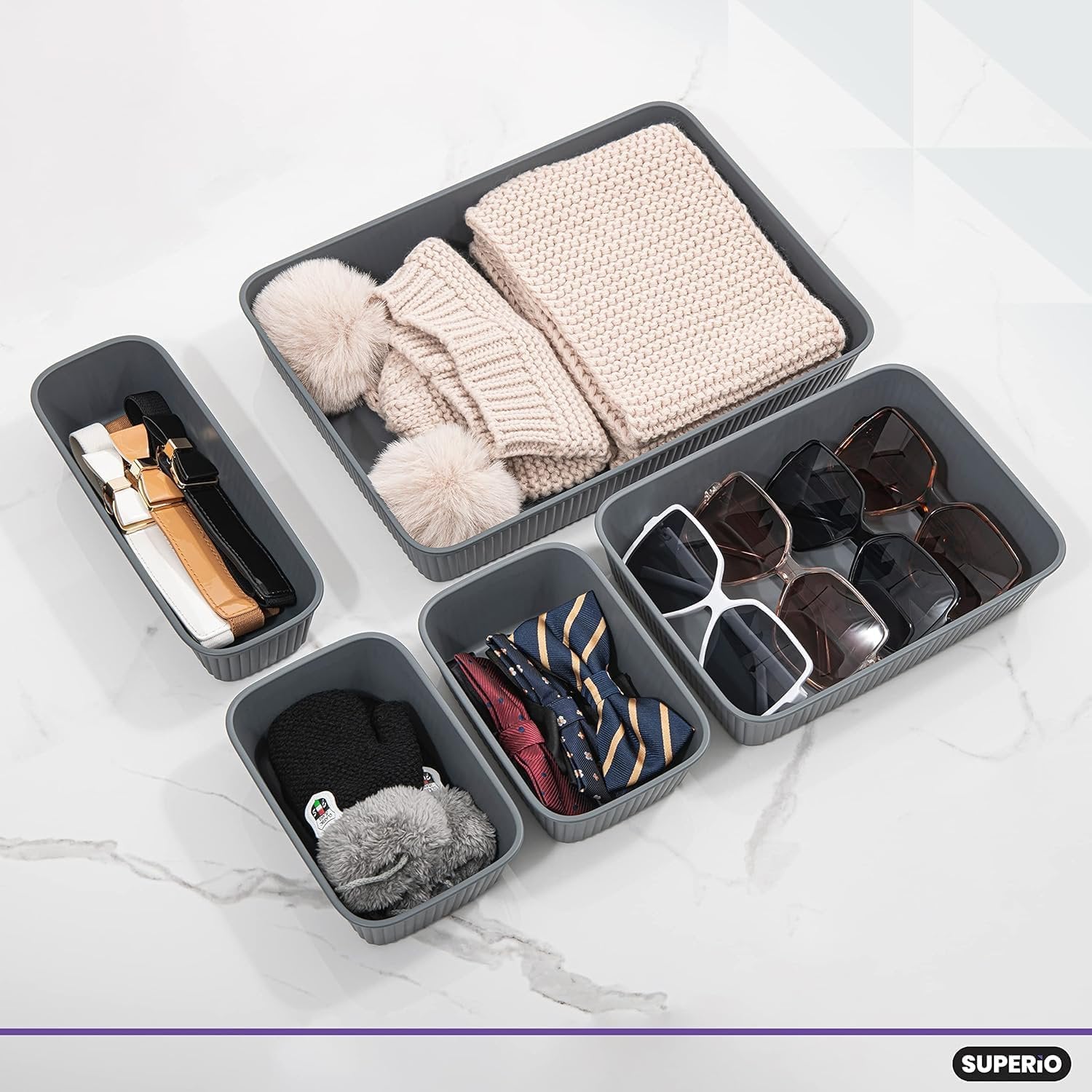 Plastic Desk Drawer Organizer Tray, Grey, Set of 4 P746