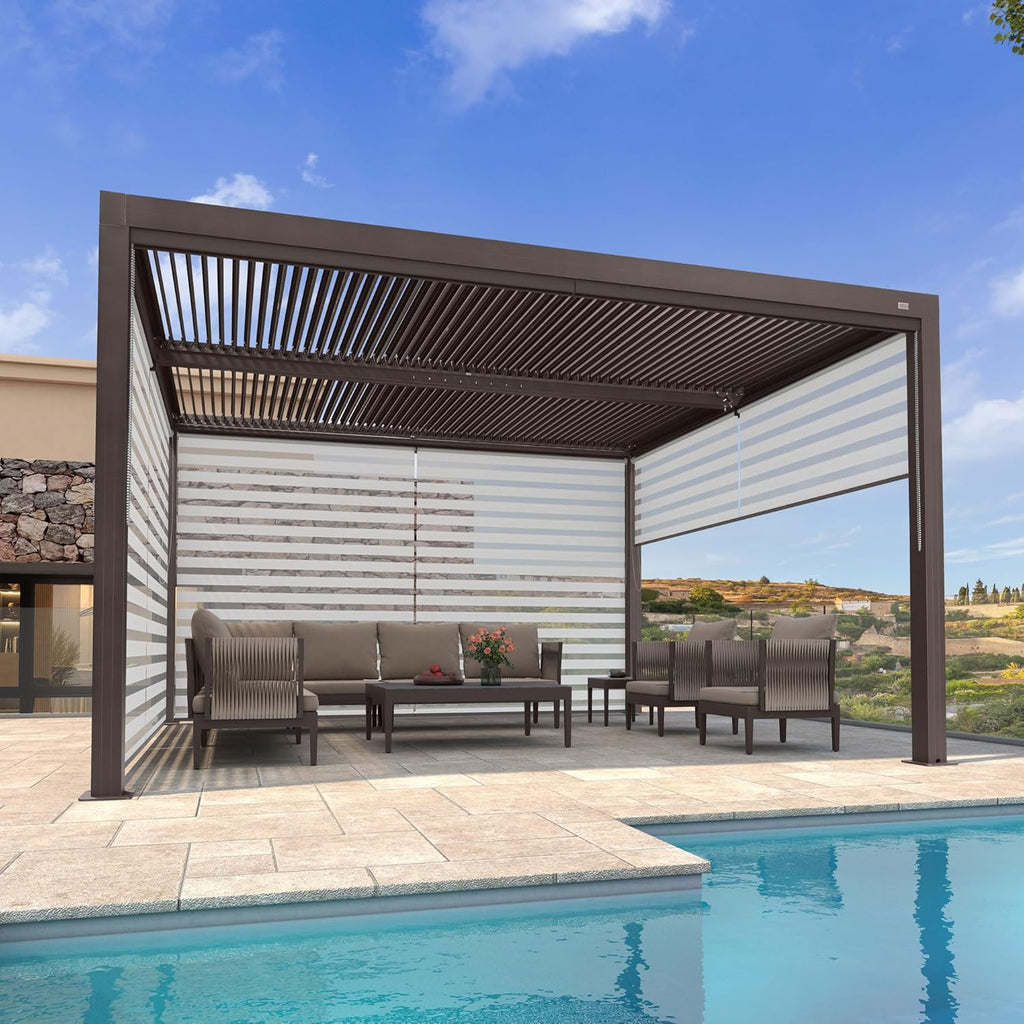 PURPLE LEAF Outdoor 11' × 13' Louvered Pergola with Roller Blinds Patio Adjustable Aluminum Canopy Retractable Metal Roof for Deck Outside Backyard Hardtop Gazebo Sun Shade, 2 Short and 1 Long Side