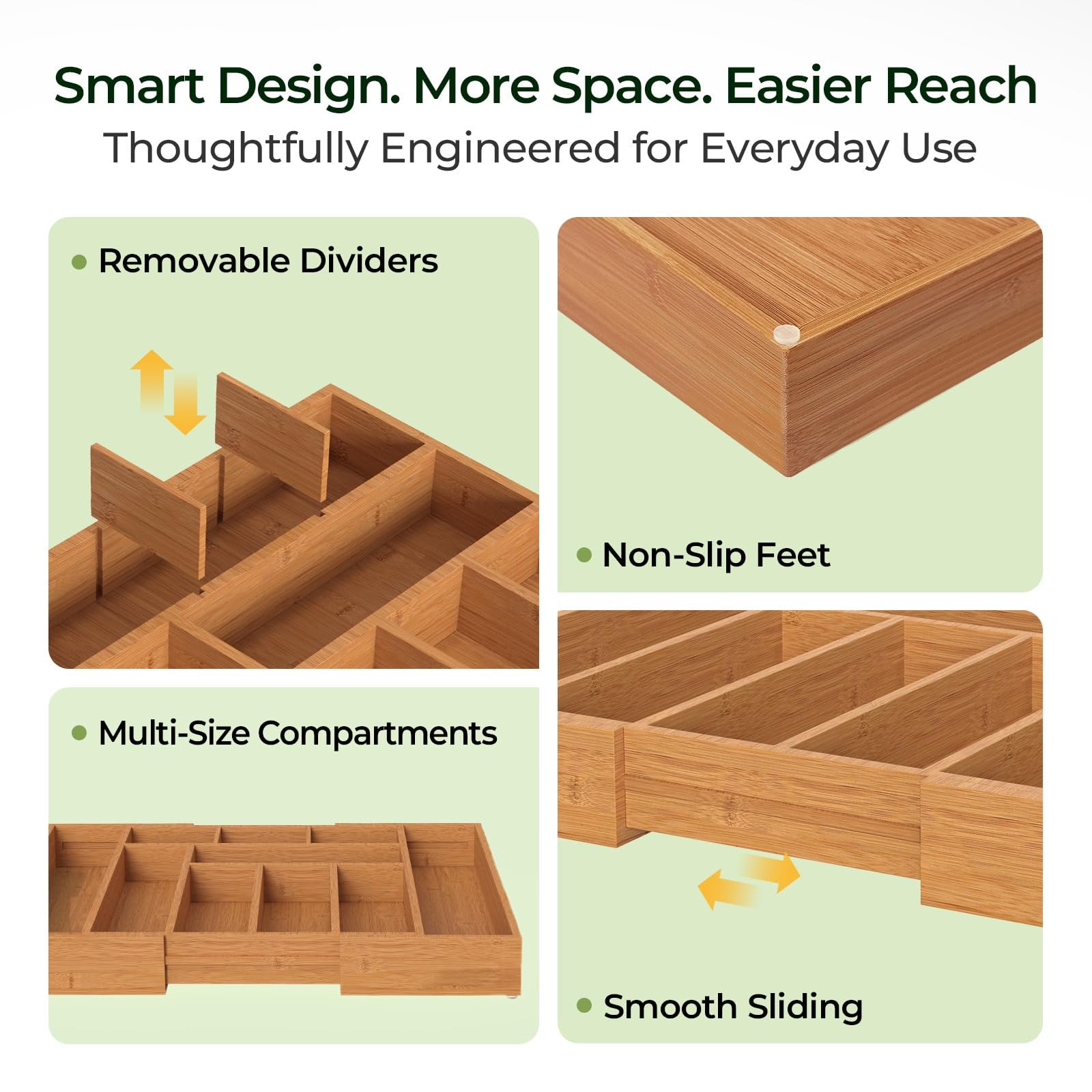 Bamboo Drawer Organizer, 10 Compartment Cutlery Tray, Brown Y669