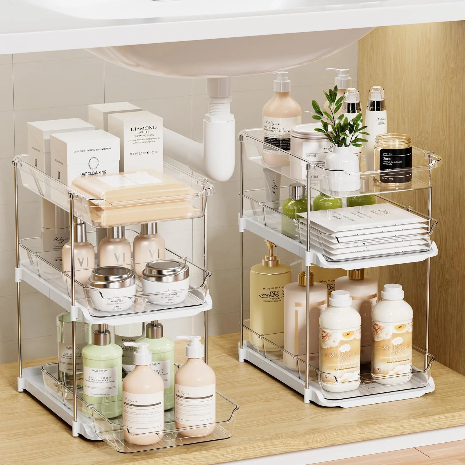 Under Sink Organizer 3 Tier Stackable Storage with Pull Out Drawers, White C19618