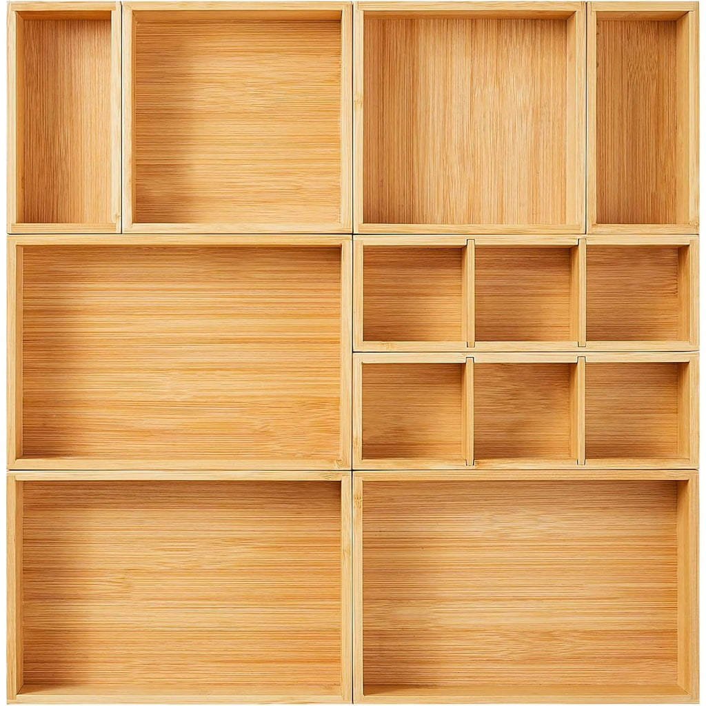 Drawer Organizer, Set of 9 Bamboo Wood Kitchen Makeup Desk Junk Tea Drawer Storage Boxes Bins for Cutlery Silverware Utensils Flatware, Small Wooden Container Tray for Bathroom, Office
