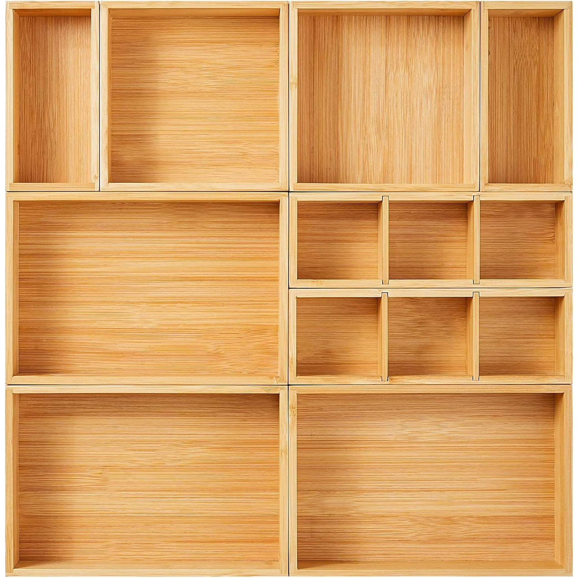 Drawer Organizer, Set of 9 Bamboo Wood Kitchen Makeup Desk Junk Tea Drawer Storage Boxes Bins for Cutlery Silverware Utensils Flatware, Small Wooden Container Tray for Bathroom, Office