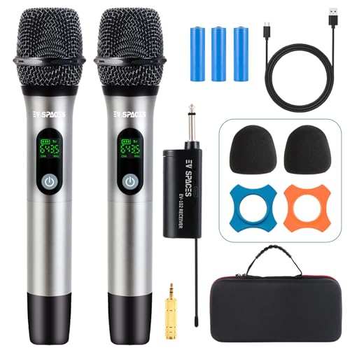 Rechargeable Wireless Microphone PA System - Professional Dual UHF Metal Handheld Mics for Karaoke, Weddings, Parties, Speeches - Long Range (200ft), Cordless Dynamic Mic Kit, Plug and Play