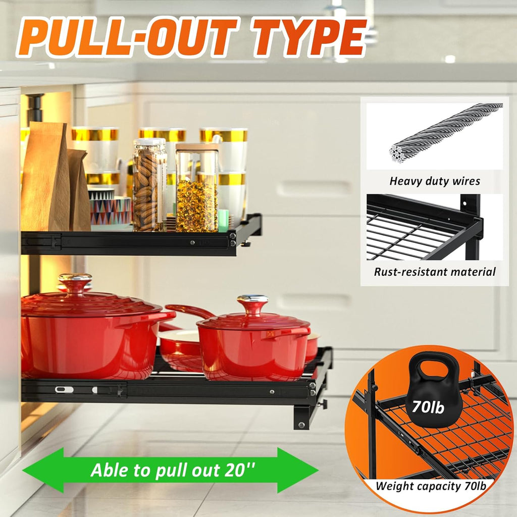 2 Tier Pull Out Cabinet Organizer, Expandable 13-21 Inch Wide, No-Drill Slide Out Drawers S625232