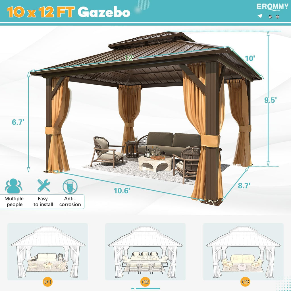 10'x12' Hardtop Gazebo with Galvanized Steel Double Roof and Aluminum Frame W661