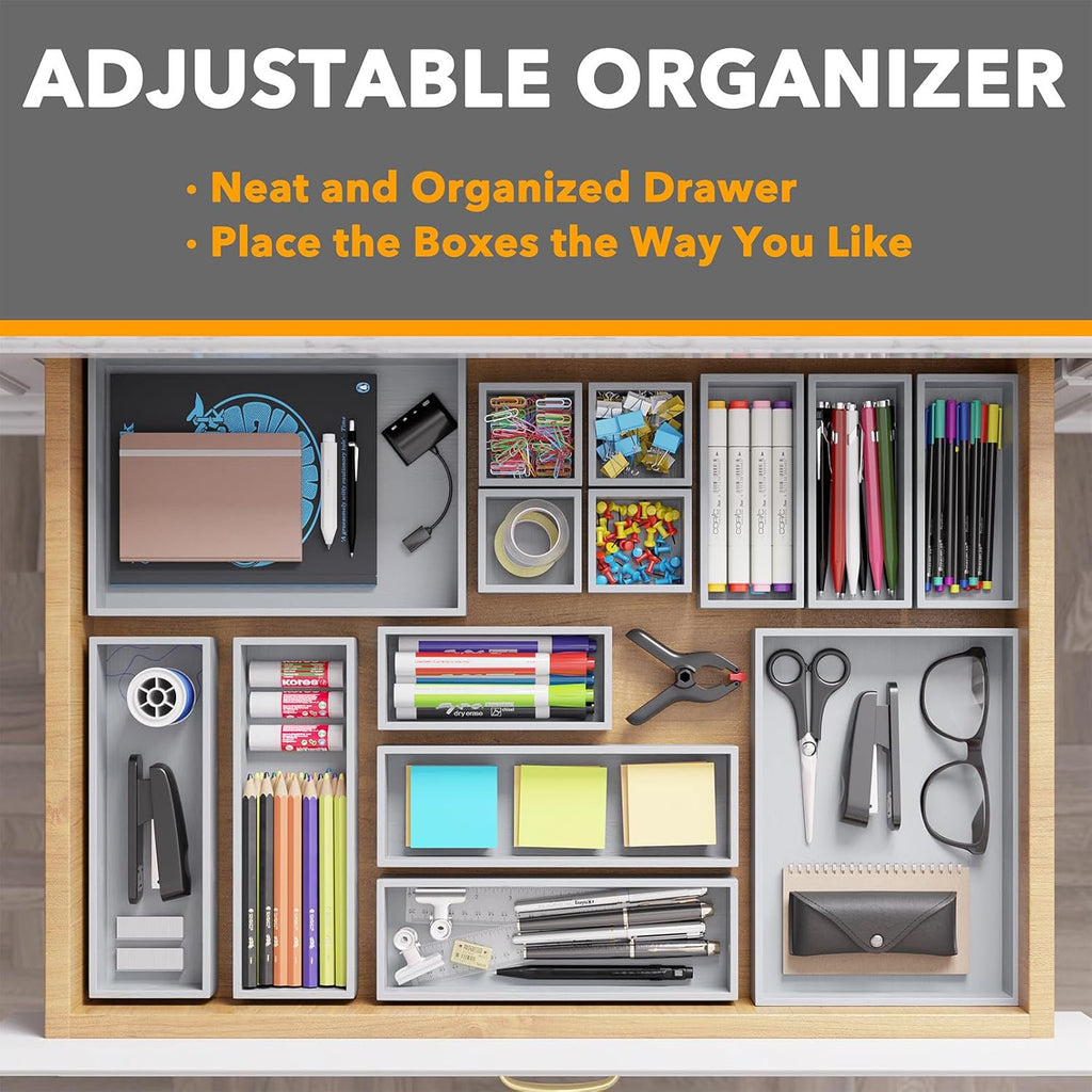 Bamboo Drawer Organizer Storage Boxes Set, 14-Piece Wood Tray with Divider Bins Z73397