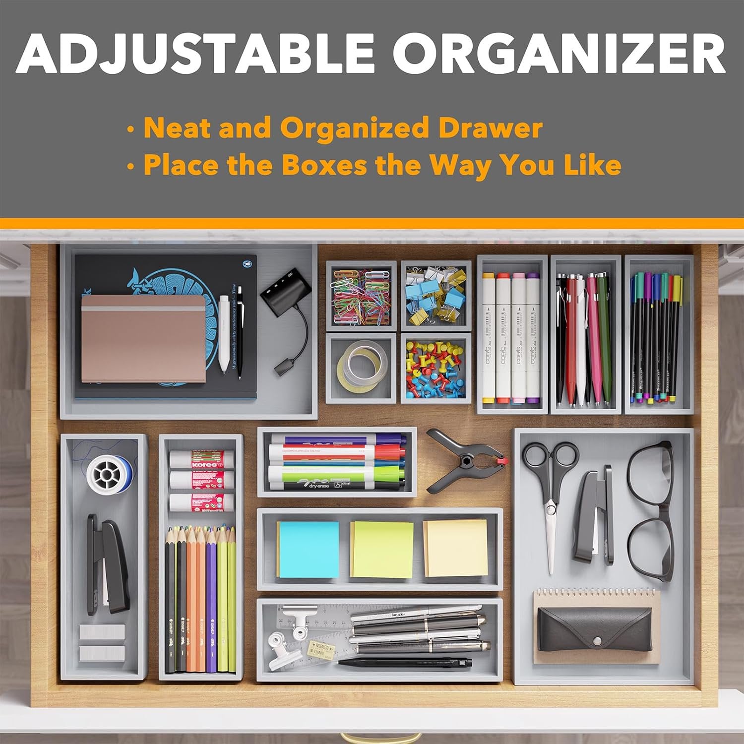 Bamboo Drawer Organizer Storage Boxes Set, 14-Piece Wood Tray with Divider Bins Z73397