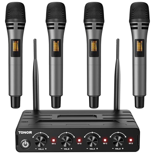 TONOR Wireless Microphones System with 4x10 Channels Cordless Handheld Microfono Inalambrico, 200FT UHF Range, Mics with stable signal Transmission for Karaoke Singing Party Church Wedding PA Speaker