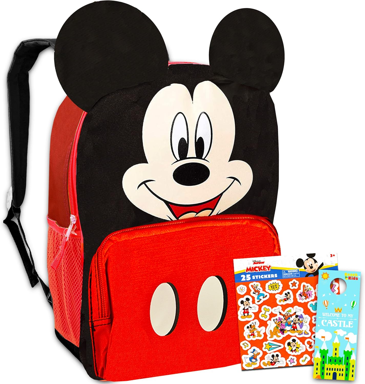 Mickey Mouse Backpack for Kids Toddlers ~ Deluxe 12" Mickey Mini Backpack with 3D Mickey Ears Plus Stickers and More (Mickey School Supplies Bundle)