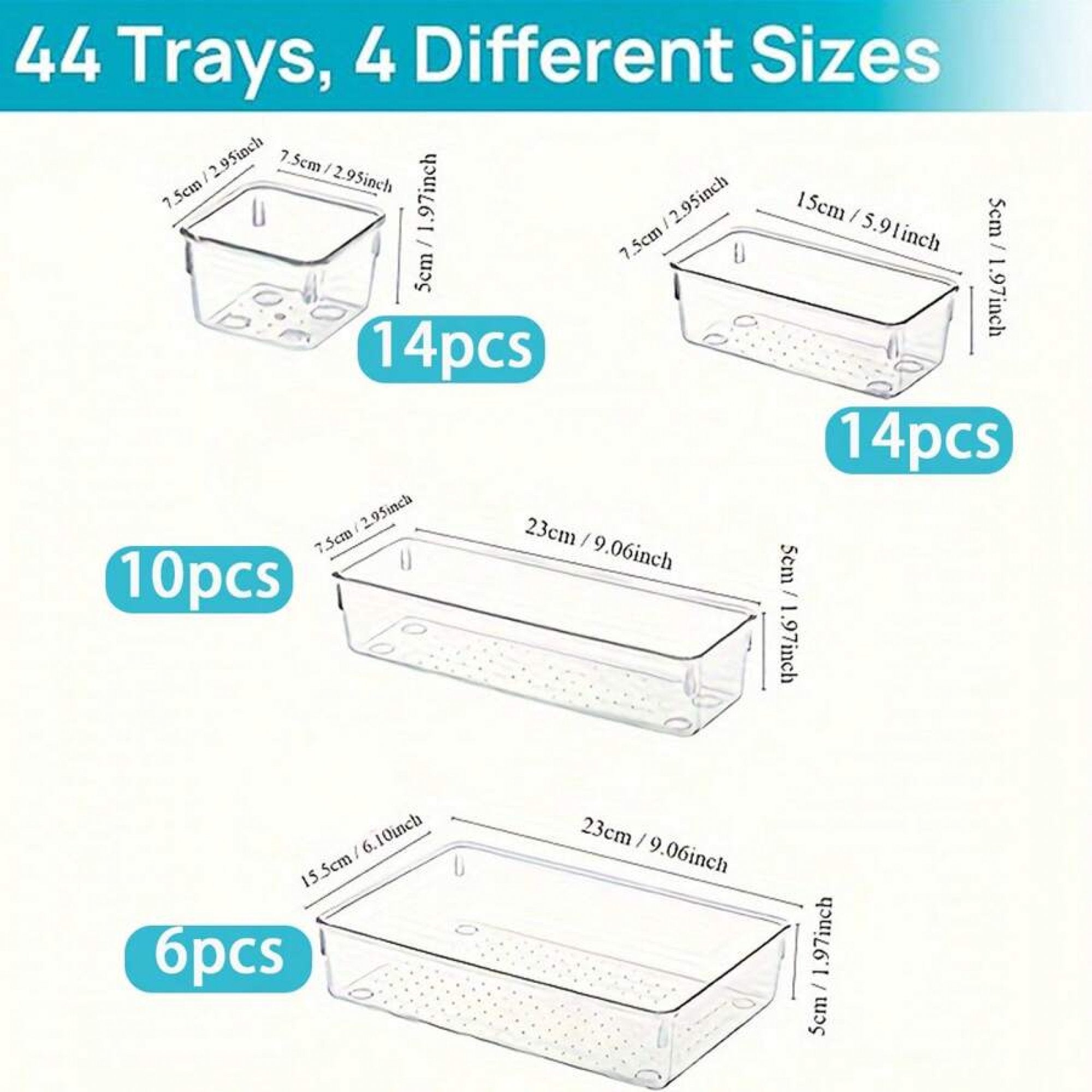 Clear Plastic Drawer Organizers Set, 4-Size Trays Y64400