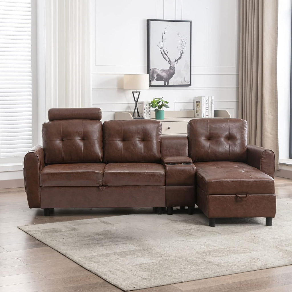 GNIXUU 89" Sectional Storage Sofa, L Shaped Couch with Cup Holders & Adjustable Headrest, 3 Seat Couches for Living Room, Small Spaces, Apartment, Brown PU Leather