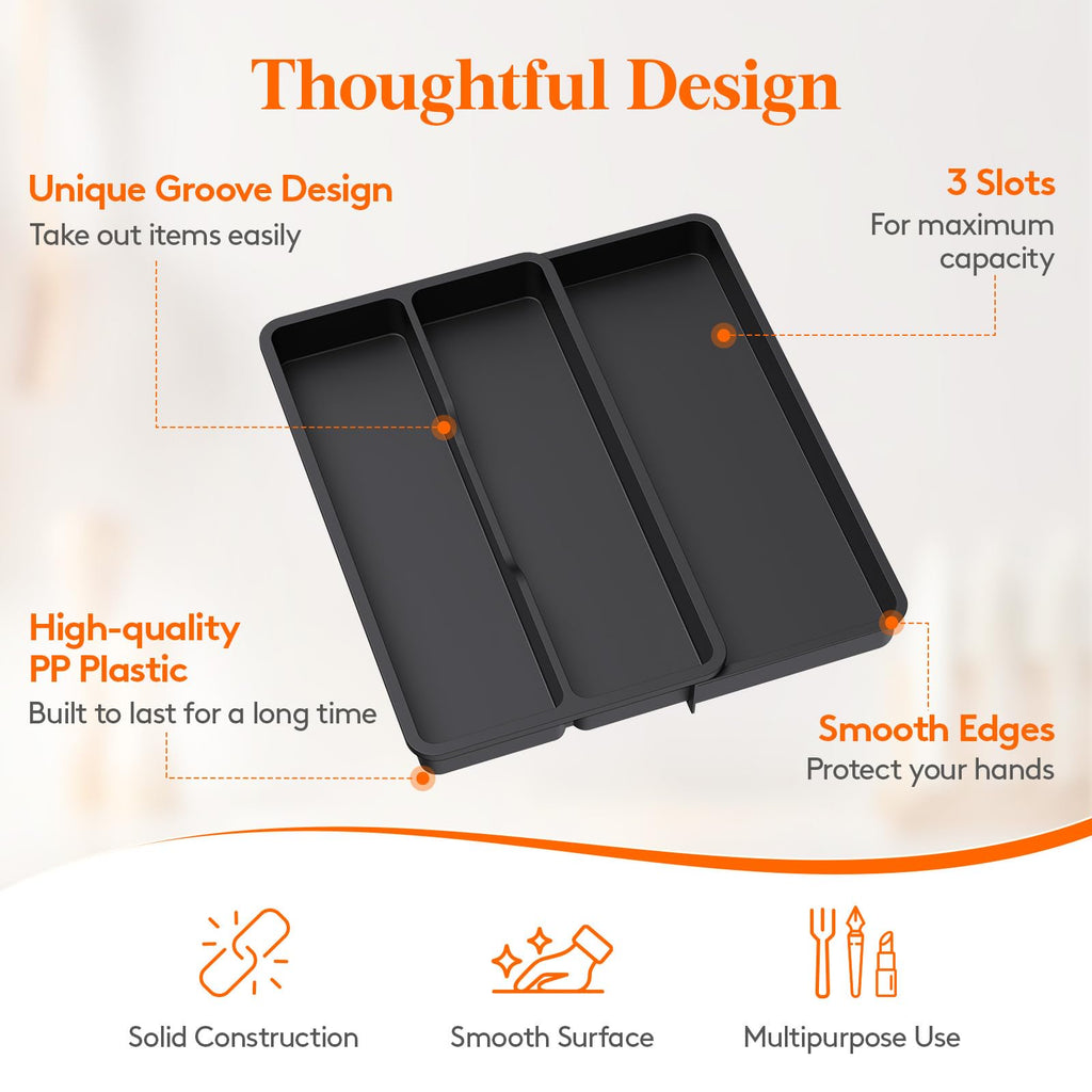 Expandable cutlery tray for kitchen utensils, 3 sections, black S83794