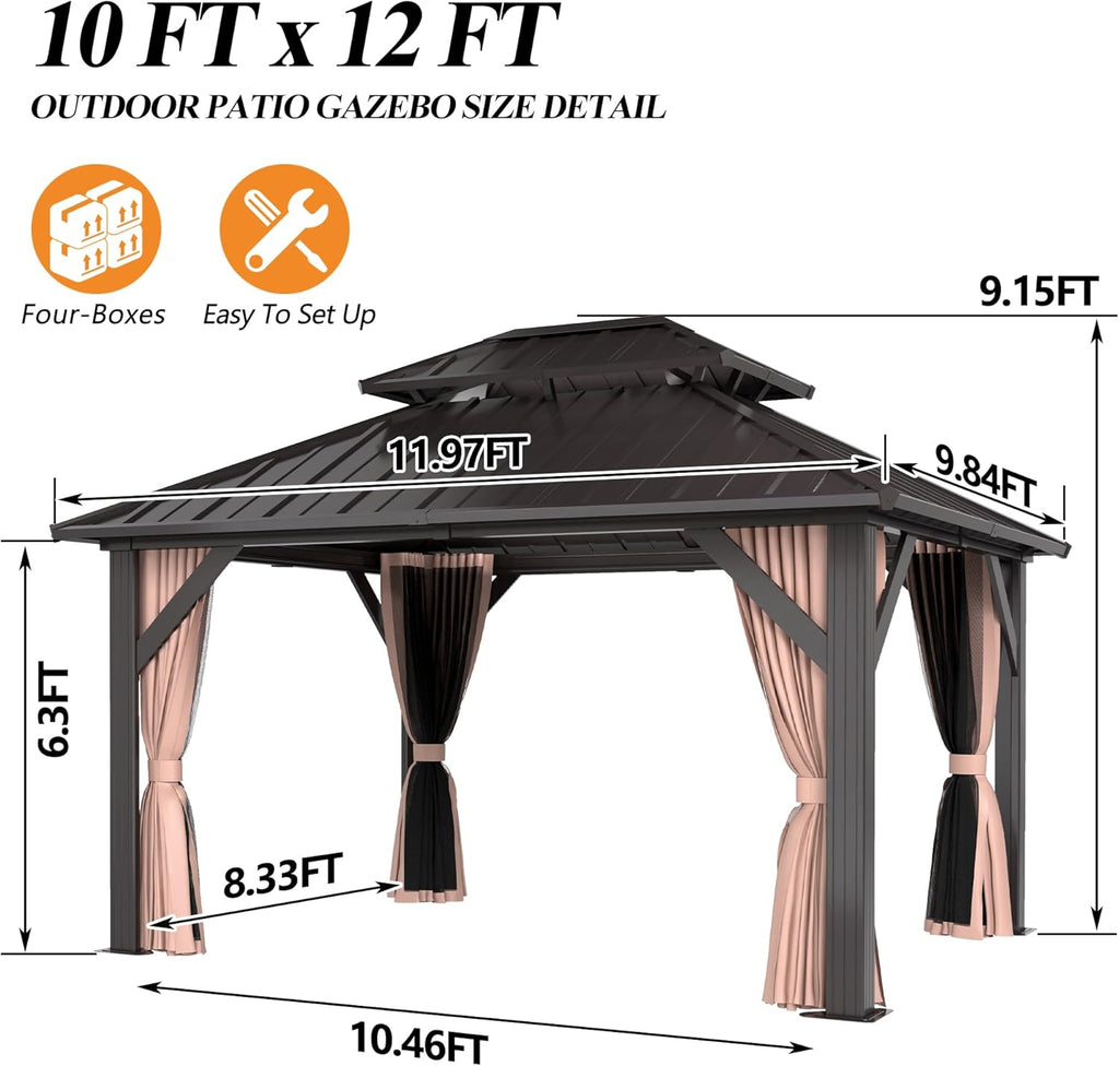 Outdoor Hardtop Gazebo with Double Roof and Netting D864
