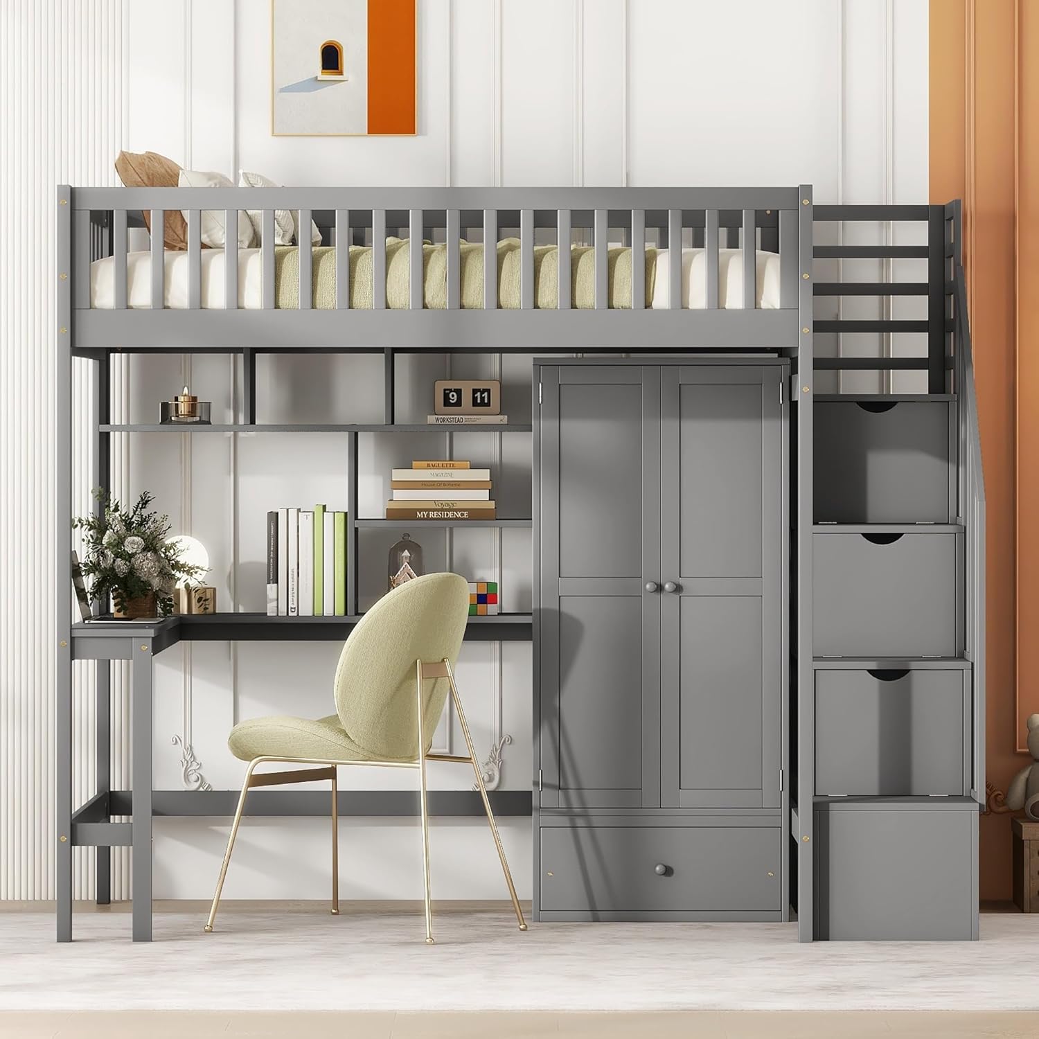 Twin Size Loft Bed with Bookshelf Drawers Desk and Wardrobe Grey Modern Contemporary Unisex Nature Space MDF Pine Wood Finish Includes Hardware