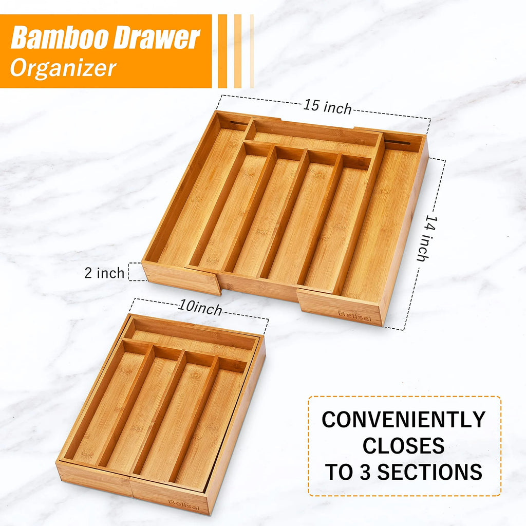 Bamboo Expandable Cutlery Tray Organizer for Kitchen Drawer F305636