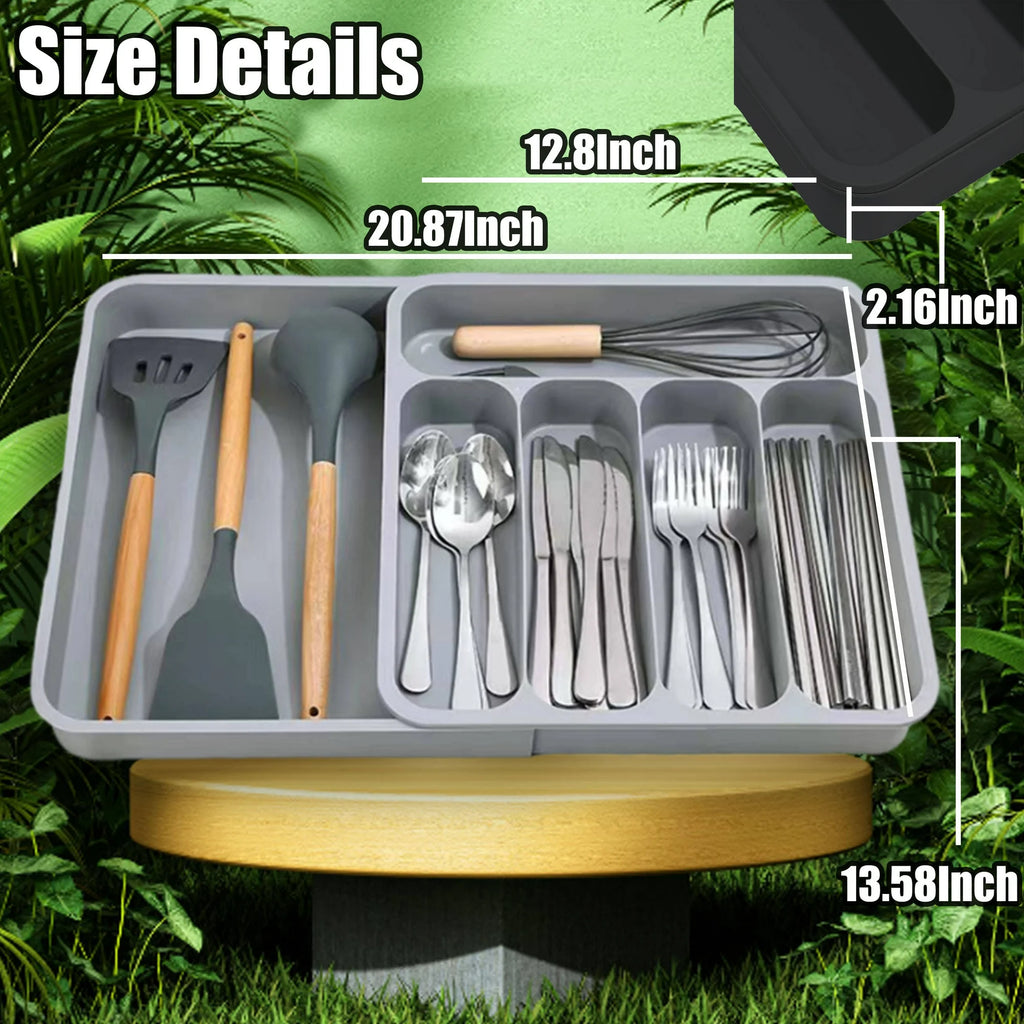 Expandable Utensil Tray for Kitchen Drawer, Adjustable Plastic Cutlery Holder P48914