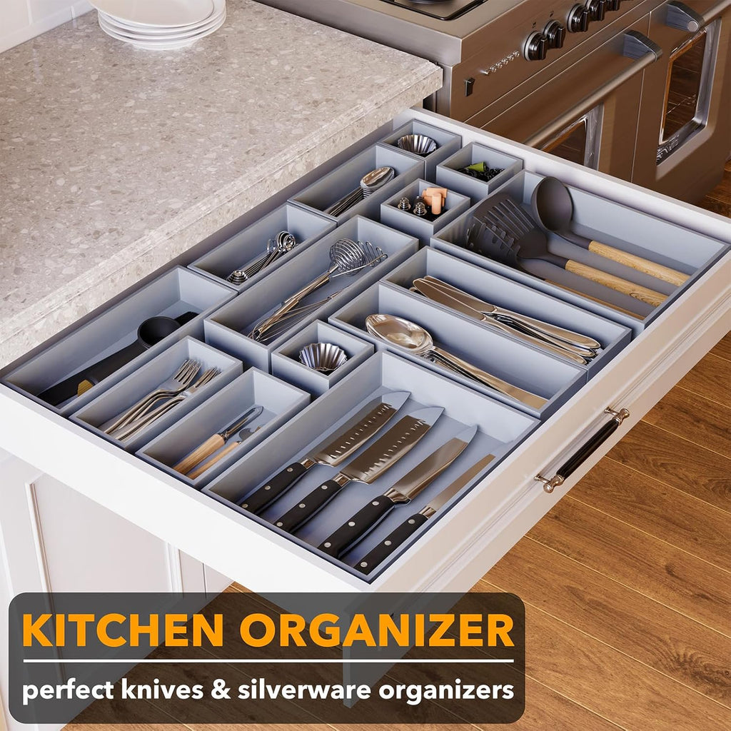 Bamboo Drawer Organizer Storage Boxes Set, 14-Piece Wood Tray with Divider Bins Z73397