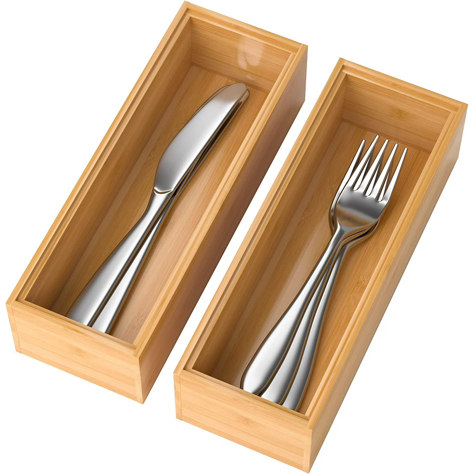 Silverware Tray for Drawer, Stackable Kitchen Bamboo Drawer Organizer 9x 3x 2Set of 2