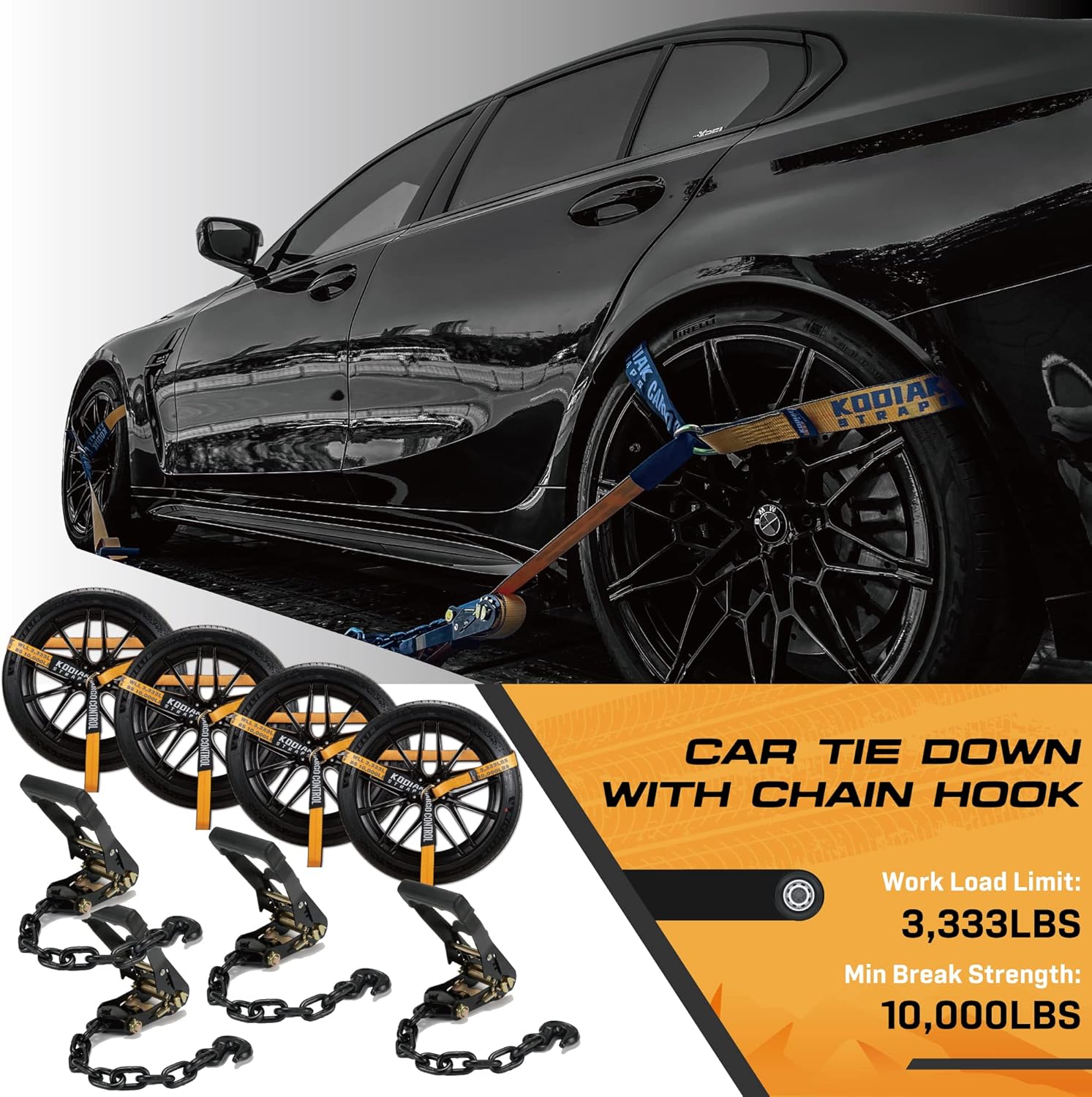 Ratchet Tie Down Straps with Chain Hooks 2" x 144' Heavy Duty for Truck & Trailer H161