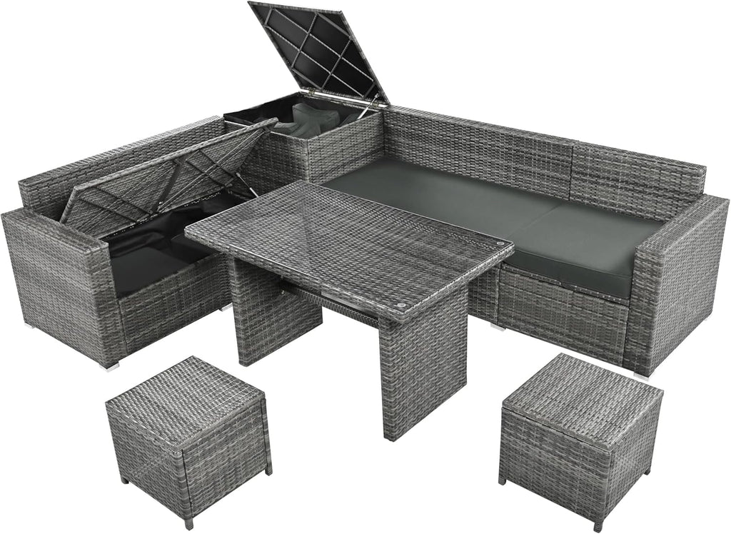 Outdoor 6-Piece PE Rattan Patio Sofa Set with Storage and Glass Table E71863
