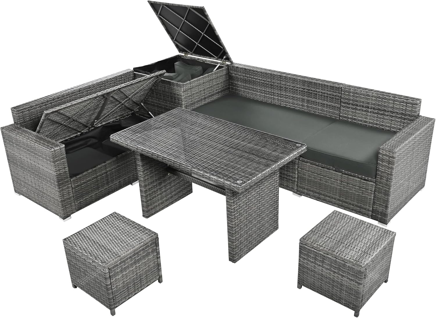 Outdoor 6-Piece PE Rattan Patio Sofa Set with Storage and Glass Table E71863