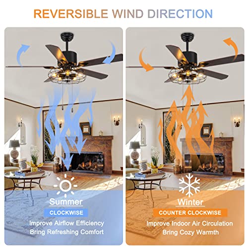 Caged Ceiling Fan with Lights Remote Control, 52" Industrial Black, 5 Reversible Blades L834504