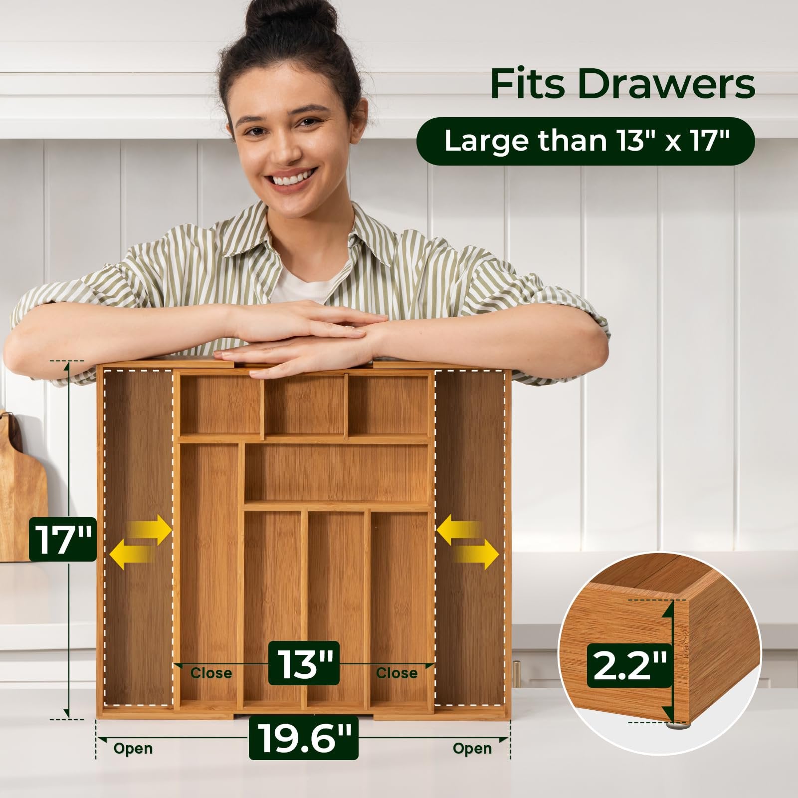 Bamboo Drawer Organizer, 10 Compartment Cutlery Tray, Brown Y669