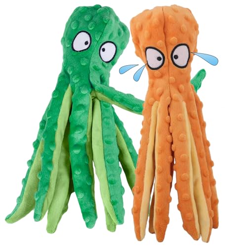 2 Pack Squeaky Dog Toys, Octopus Plush Dog Toys No Stuffing Crinkle Pet Toys for Small, Medium, Large Dogs Teething, Durable Aggressive Chewers (Green + Orange Octopus)