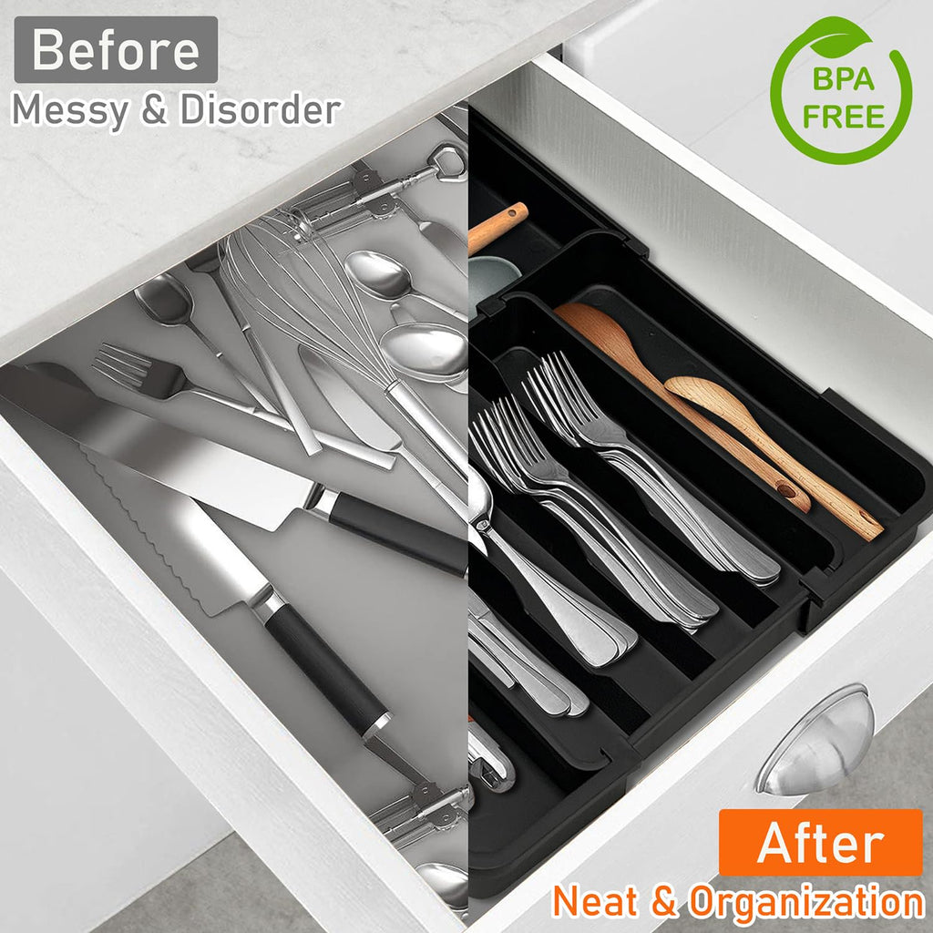 Expandable 7-Section Drawer Divider for Cutlery, Non-Slip, Black Z48118