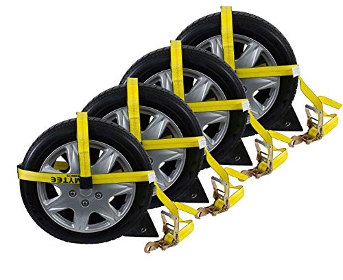Mytee Products (4 Pack) 2"x144" Car Tie Down Straps w/Ratchet Snap Hooks & 33" Over The Wheel Tire Straps - 3,333 LBS WLL Heavy Duty Tire Straps for Car Trailer - Car haulers