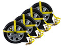 Mytee Products (4 Pack) 2"x144" Car Tie Down Straps w/Ratchet Snap Hooks & 33" Over The Wheel Tire Straps - 3,333 LBS WLL Heavy Duty Tire Straps for Car Trailer - Car haulers