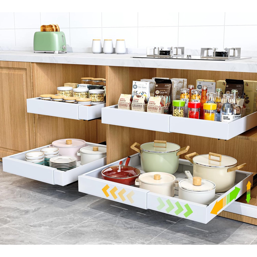 4 Pack Pull Out Cabinet Organizer,21Deep Slide Out Drawer Organizers,No Drill Roll Out Drawers Adhesive with Nano Compatible Framed Cabinets Shelves for Kitchen Pantry Adjustable Width (White)