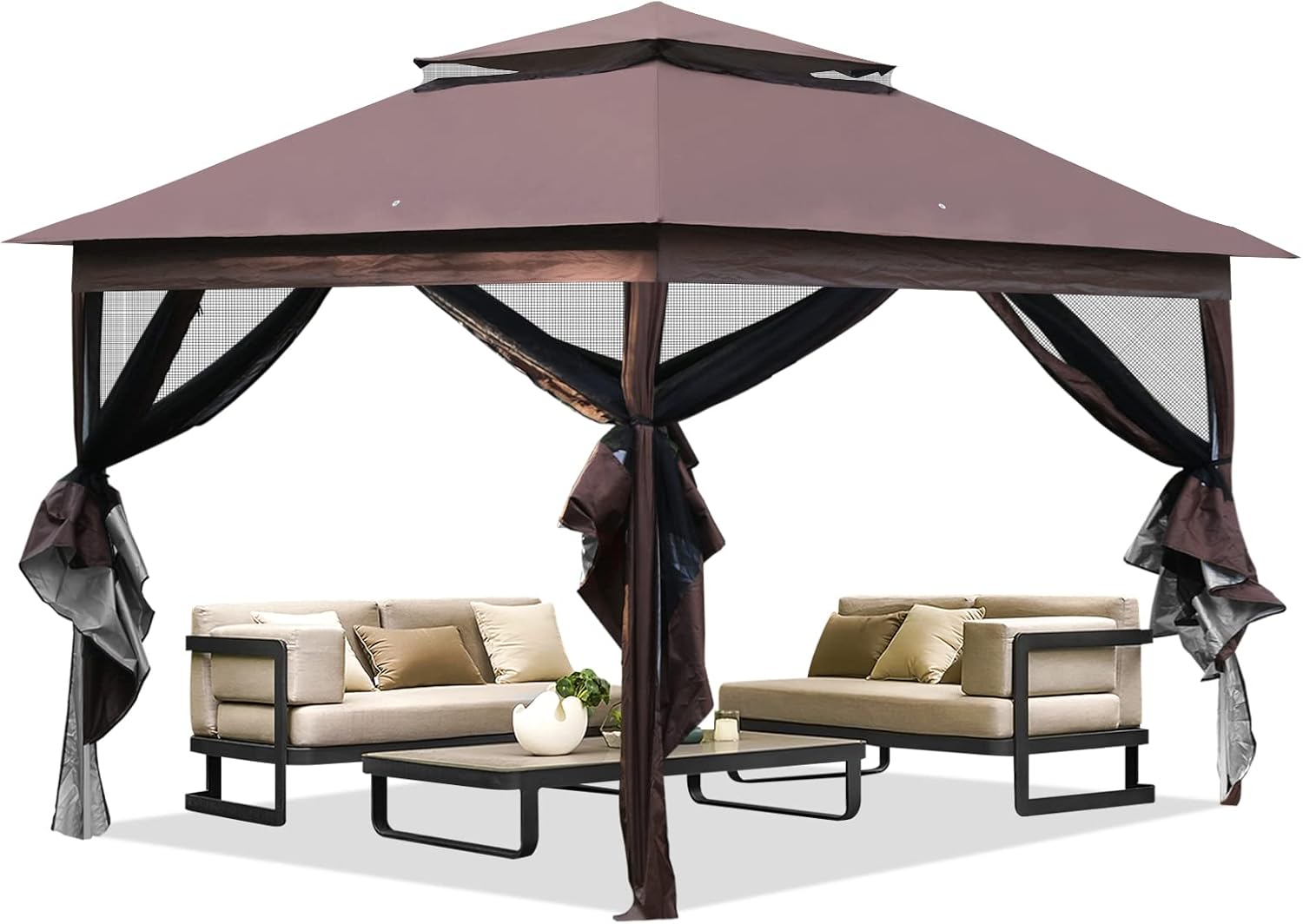 Gazebo Outdoor Canopy Pop Up Gazebo with Mosquito Netting Double Roof Tops for Outdoor Garden Backyard and Patio 10'x10',Brown