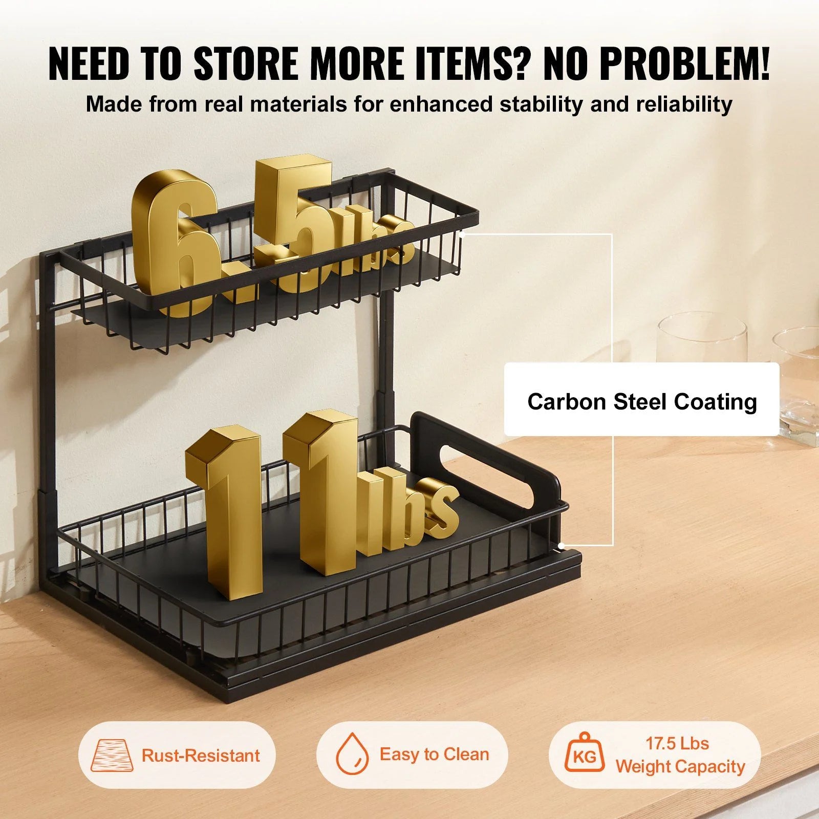 2-Tier Pull Out Cabinet Organizer, Expandable Wire Drawer for Kitchen & Bathroom M86525