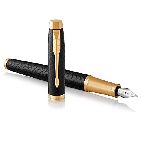 Parker IM Fountain Pen, Black Lacquer Gold Trim, Medium Nib with Blue Ink Refill, Gift Box (1931652)