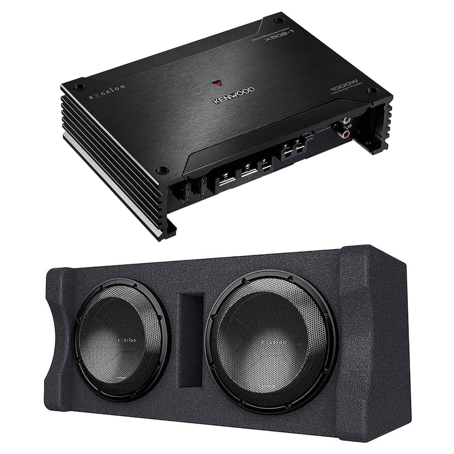 KENWOOD X502-1 eXcelon 500-Watt @ 2 Ohms Class D Subwoofer Amplifier | Plus KENWOOD Excelon P-XW1221D Ported 2-ohm Dual Loaded Enclosure with Two 12" Subwoofers