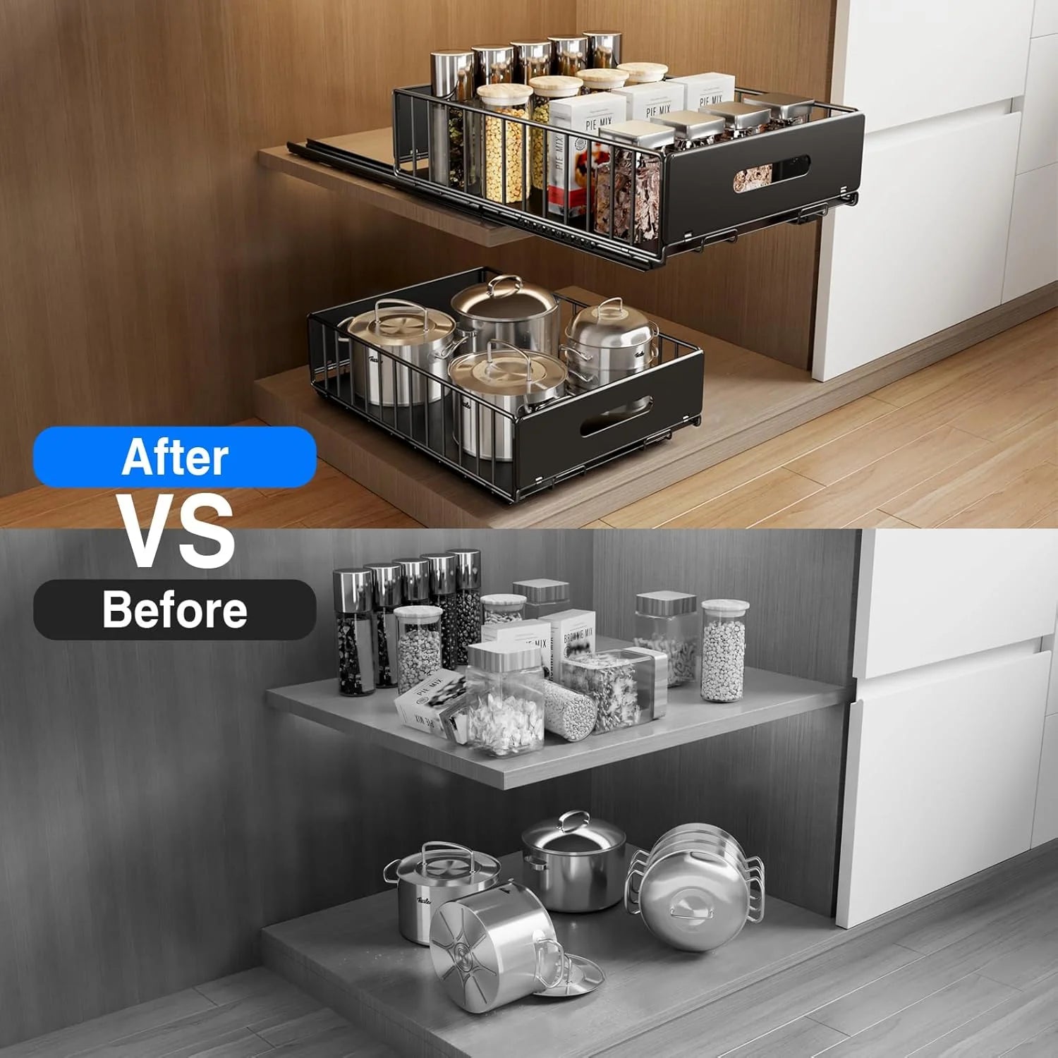 Pull Out Cabinet Organizer, Slide Out Drawers, Peel and Stick, Heavy Duty Shelves H68748