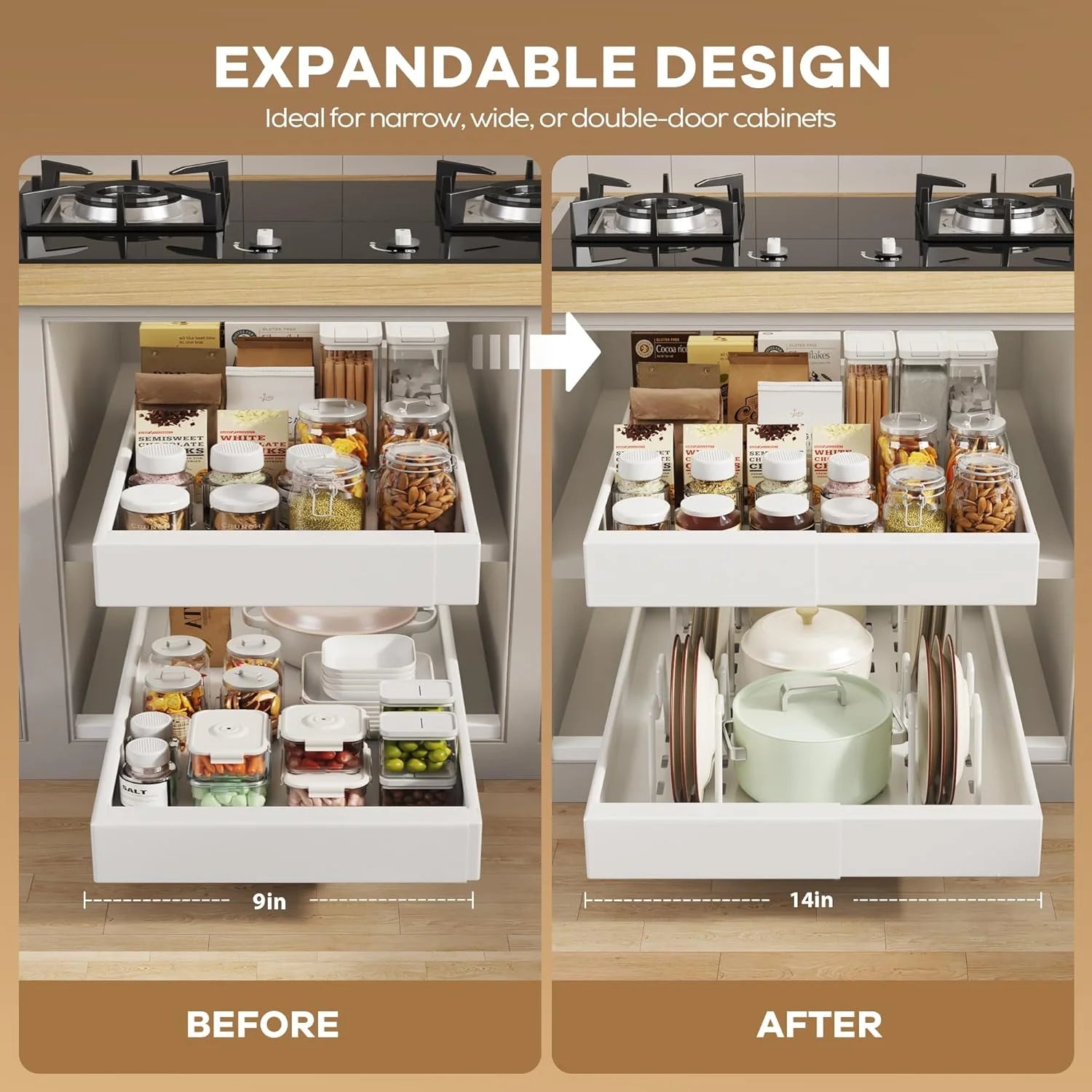 Pull Out Cabinet Organizer 21D with Raising Pad, Expandable Slide Out Drawers for Kitchen Cabinets C3894