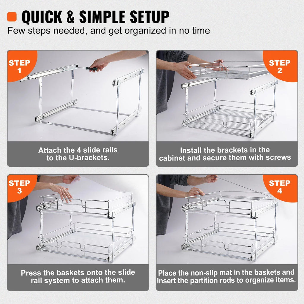 2 Tier Pull Out Cabinet Organizer, Chrome Steel Slide Out Shelves J23936