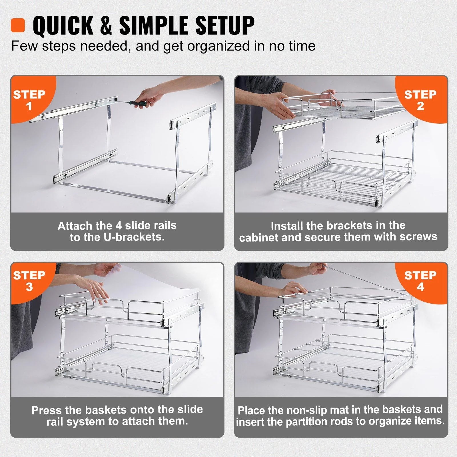 2 Tier Pull Out Cabinet Organizer, Chrome Steel Slide Out Shelves J23936