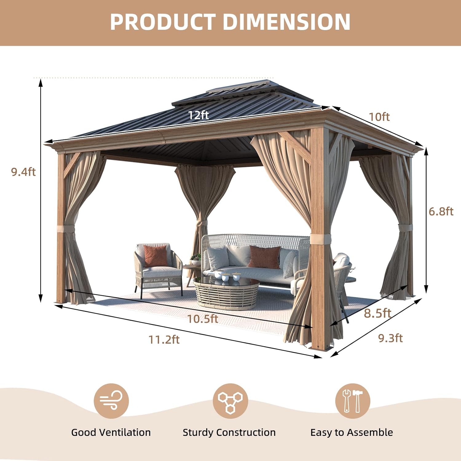 10 x 12 ft Hardtop Gazebo with Galvanized Steel Double Roof, Curtains and Netting W479989