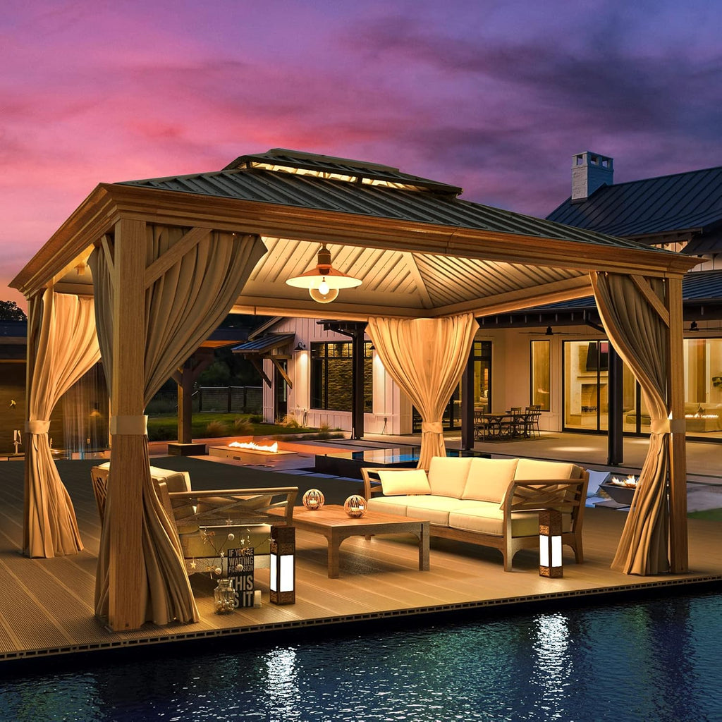 10 x 12 ft Hardtop Gazebo with Galvanized Steel Double Roof, Curtains and Netting W479989