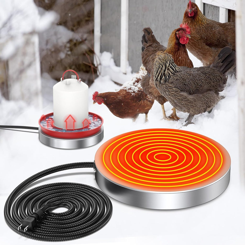 Kesfitt Chicken Water Heater,15 Inch 125W Poultry Waterer Drinker Heated Base for Winter with 10FT Cable,Temperature Control Heated Chicken Waterer for Metal Plastic Drinkers
